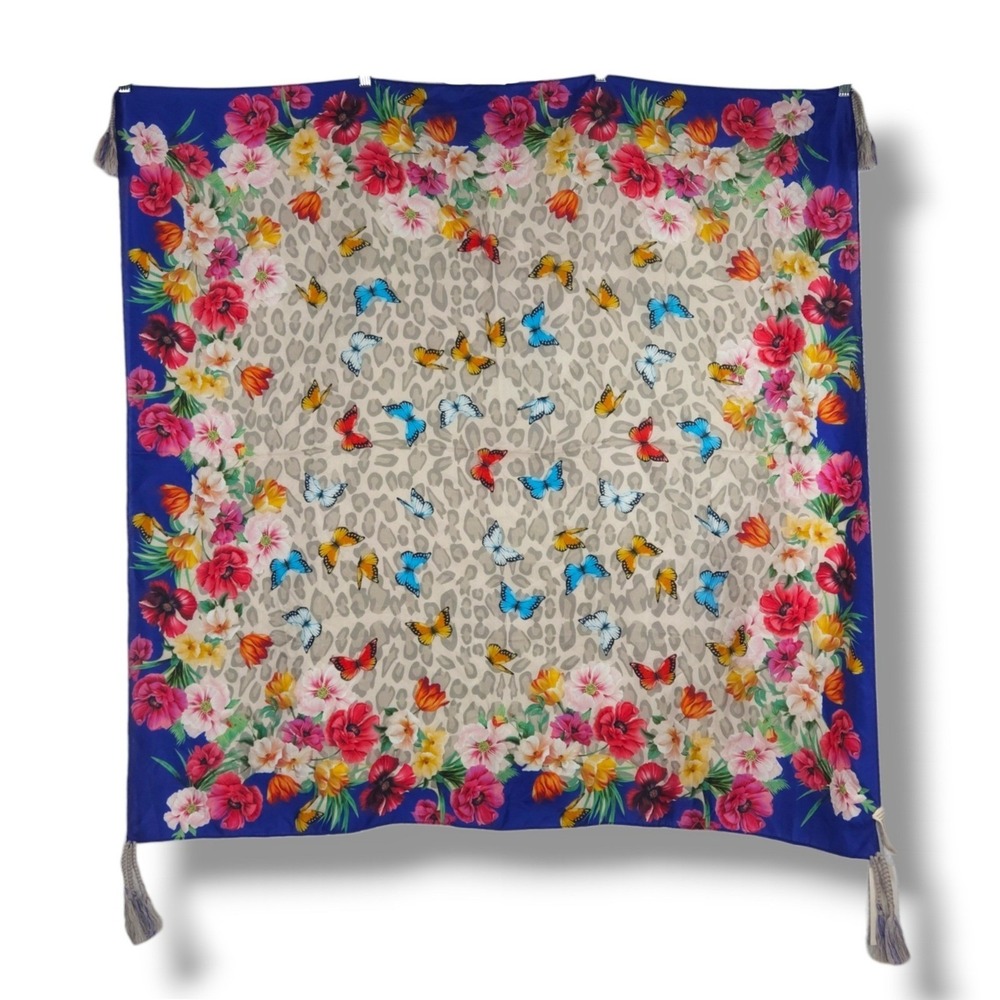 Johnny‎ Was Silk Tassel Scarf Floral Butterfly Leopard Cobalt Blue 42x42 NWT OS